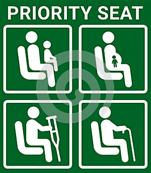 Priority seat. Vector sign for public transport.  Initiative to give seats for people with special needs: pregnant women,