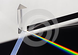 A prism dispersing sunlight splitting into a spectrum on a white background.