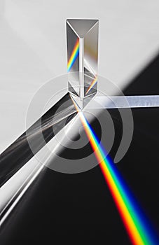 A prism dispersing sunlight splitting into a spectrum on a white background.