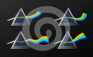 Prism rainbow shapes. Realistic physics refraction, triangular pyramid optical effect, stylized different curves wave