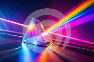 Prism refracting light, rainbow spectrum, dark background, science concept