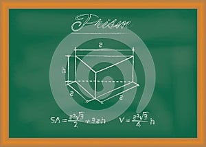 Prism. Sketch of geometric figure and formulas for calculating its surface area and volume drawn on chalkboard