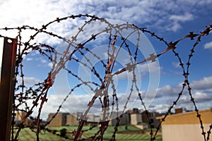 Prison. Barbed wire. Barbed wire on blue sky background with white clouds. Wire boom. Military conflict . Syria.