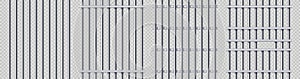 Prison bars. Metal jail security grid, detention steel barrier and protection door vector illustration set