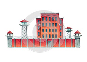 Prison building behind high fence cartoon vector