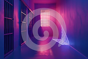 A prison cell with a bed and a small window with Generative AI