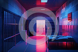 A prison cell with a bed and a small window with Generative AI