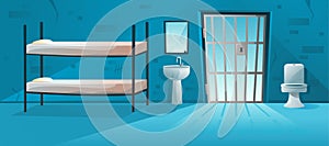 Prison cell interior with lattice, grid door , bunk bed, toilet bowl, washbasin and scratched, cracked brick walls illustration.