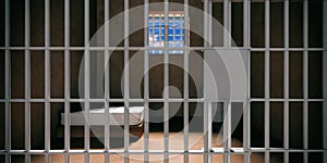 Prison cell interior. Locked door closeup, dark jail room background. 3d illustration