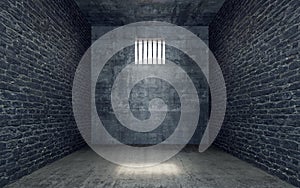 Prison cell with light shining through a barred window