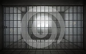 Prison cell with light shining through a barred window. 3d rendering