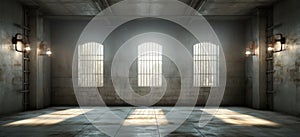 a prison cell with light shining through the windows