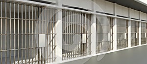 Prison cellblock, jail bar door locked, empty dungeon in a row. Jailhouse. 3d render