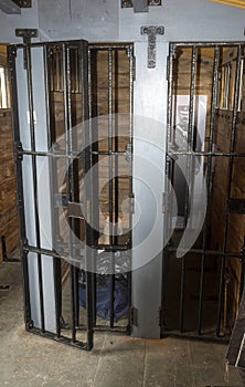 The Prison cells on the railway Carriage at Maud railway station with convict carriage, Maud, Aberdeenshire, Scotland, UK