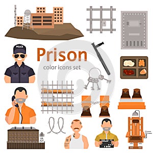 Prison color flat icons set for web and mobile design