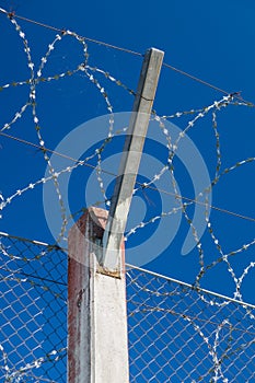 Prison concrete pillar and barbed wire fence