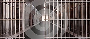 Prison corridor, jail cell and open metal bars door, empty dark facility interior, 3d render