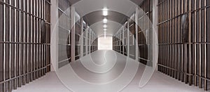 Prison facility interior. Jail cell, empty corridor. Conviction and incarceration, 3d render