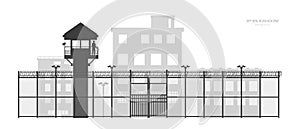 Prison fence with building. Black silhouette of jail exterior with steel grid. Isolated gate. Industrial scene