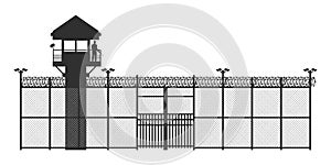 Prison fence on white background. Black silhouette of jail exterior with steel grid. Isolated gate. Industrial scene