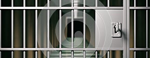 Prison interior. Locked door and key closeup, dark background. 3d illustration