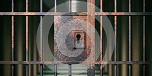 Prison interior. Locked rusty door closeup, dark background. 3d illustration