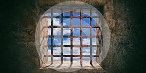 Prison, jail rusty window and blue sky view on old wall background. 3d illustration