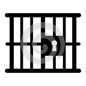 Prison or jail silhouette symbol. Metal cage with bars and lock. Crime justice or punishment icon. Vector black shape isolated on photo