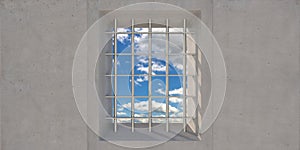 Prison, jail window with security bars and blue sky view, concrete wall background. 3d illustration