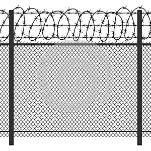 Prison privacy metal fence with barbed wire vector seamless black silhouette