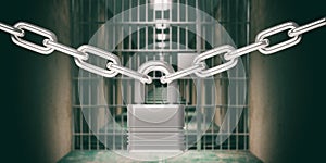 Prison safety. Locked metal chain with padlock against blurred jail bars, corridor and cells background. 3d illustration