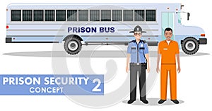 Prison security concept. Detailed illustration of prison bus, police guard and prisoner on white background in flat