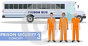 Prison security concept. Detailed illustration of prison bus and prisoners on white background in flat style. Vector