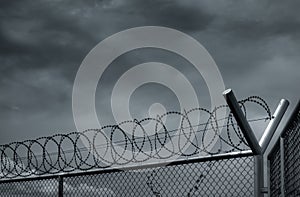 Prison security fence. Barbed wire security fence. Razor wire jail fence. Barrier border. Boundary security wall. Prison for