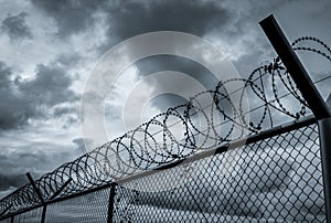 Prison security fence. Barbed wire security fence. Razor wire jail fence. Barrier border. Boundary security wall. Prison for