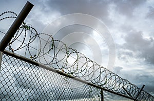 Prison security fence. Barbed wire security fence. Razor wire jail fence. Barrier border. Boundary security wall. Prison for