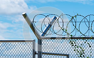 Prison security fence. Barbed wire security fence. Razor wire jail fence. Barrier border. Boundary security wall. Prison for