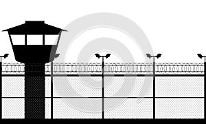 Prison tower, checkpoint, protection territory, watchtower, state border,military base. Street camera on the pillar. Fence wire