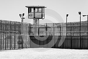 Prison Yard Empty with guard tower in black and white