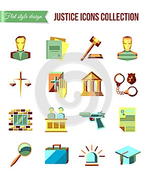 Prisoner at the bar. Set of law and justice flat icons with lawyer, jail court jury.