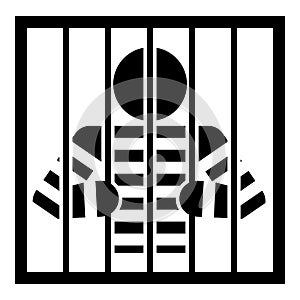 Prisoner behind bars holds rods with his hands Angry man watch through lattice in jail Incarceration concept icon black color