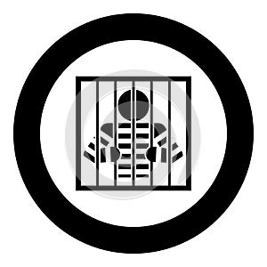 Prisoner behind bars holds rods with his hands Angry man watch through lattice in jail Incarceration concept icon in circle round