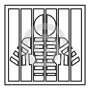 Prisoner behind bars holds rods with his hands Angry man watch through lattice in jail Incarceration concept icon outline black