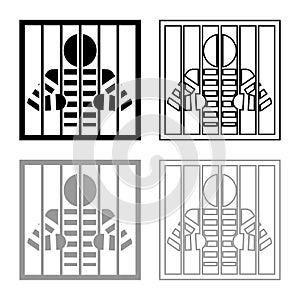 Prisoner behind bars holds rods with his hands Angry man watch through lattice in jail Incarceration concept icon outline set photo