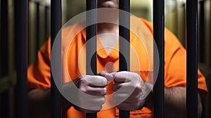 Prisoner behind bars. Male hands close-up.