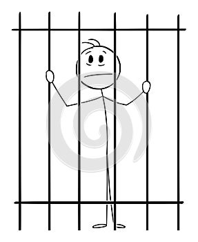 Prisoner Behind or Jail Bars, Vector Cartoon Stick Figure Illustration