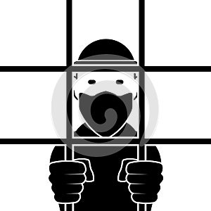 The prisoner criminal is being held behind bars. Flat vector illustration