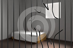 Prisoner escaped from prison. Bent bars in jail. 3D rendered illustration.