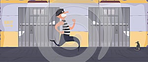 A prisoner escapes from prison. Escape the criminal. Prison cell with metal bars. Cartoon style. Vector.