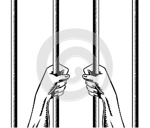 Prisoner Hands Holding Gripping Prison Bars Front Retro Woodcut Style